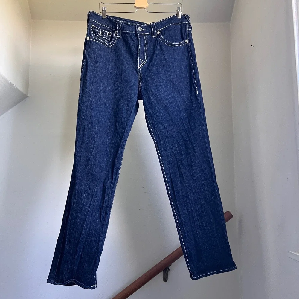True Religion Ricki Relaxed Straight Jeans Size 33 Super T White Big Stitch Mens